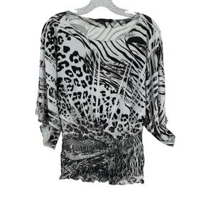 Design Works Multi Animal Print Smocked Blouse Top Shirt Mob Wife Women's Small